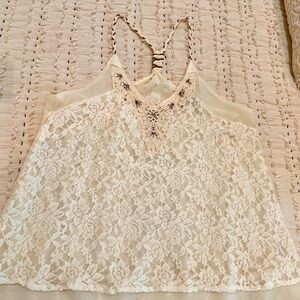 Women’s Miss Me Boho Tank Top - Size MEDIUM!  NEW!  Braces, lace, feathers sheer